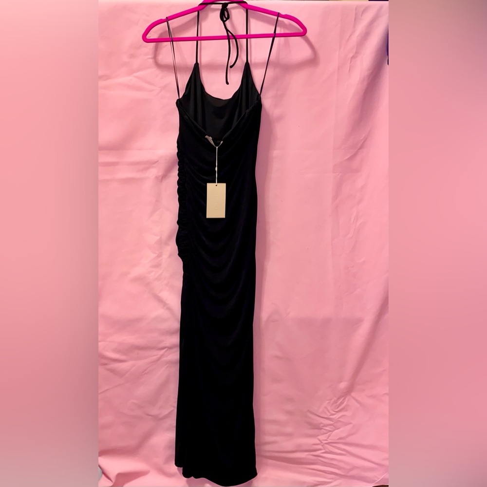 NEW Meshki Black Dress High Slit Halter Tie Sultry Stretch Extra Small xsmall xs